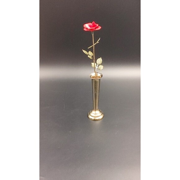 1977 MANN Red Rose Brass Bud Vase Metal Art Flower and Vase Vintage Metalwork - Picture 5 of 12